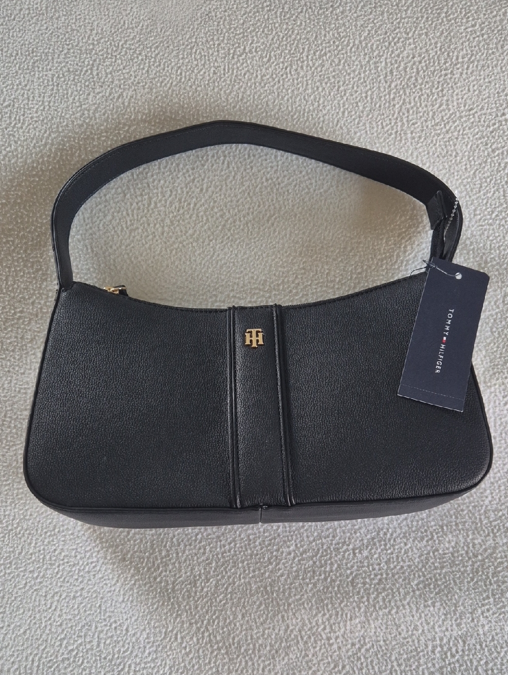 Tommy Hilfiger Black Faux Leather Shoulder Bag with Gold Logo